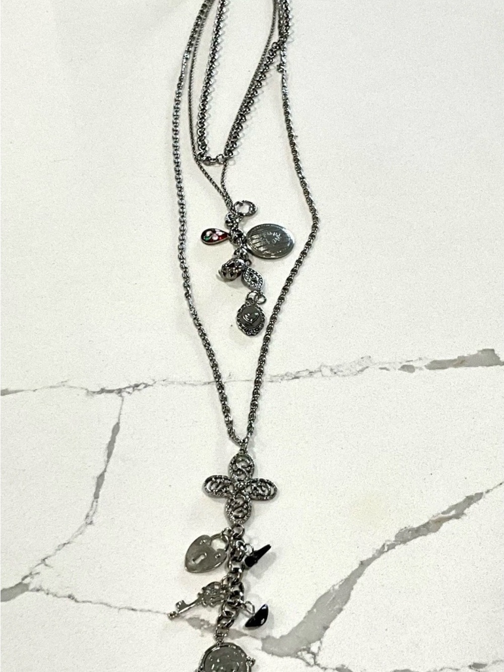 Free People Winlet Layer Necklace Silver Tone Mixed Long 3 Layer Charms - Picture 6 of 6